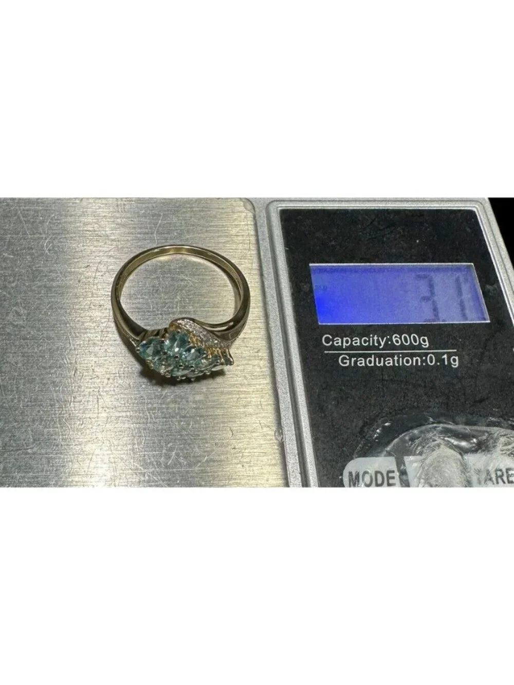 Michelle Albala 14k Ring Pronged Sky Blue Topaz And Pave Diamond Size 10 Signed